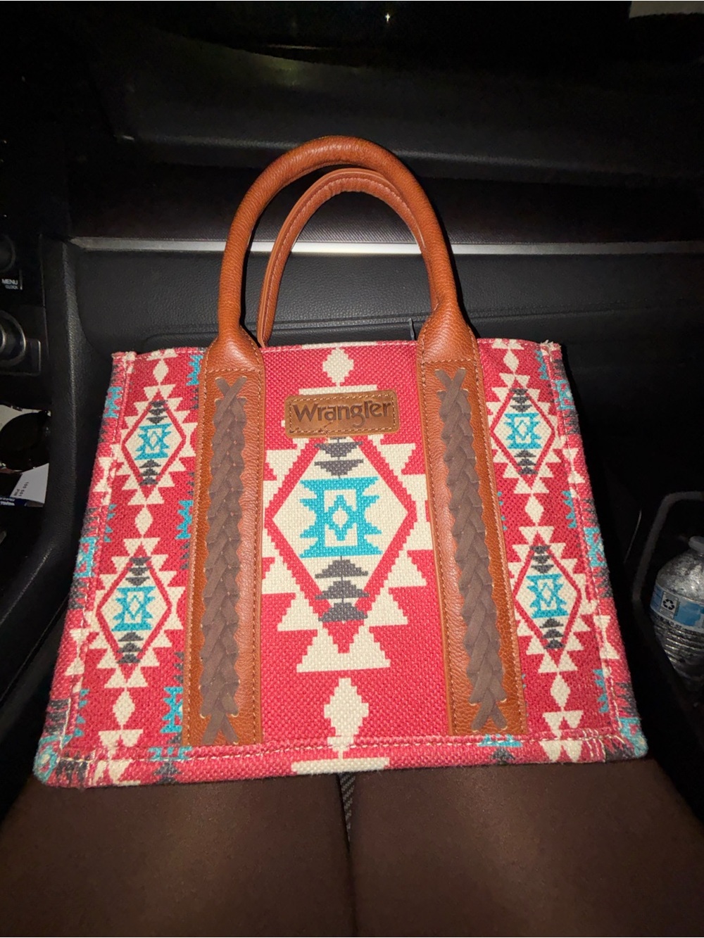 Wrangler Red Aztec Tote with Brown Leather Handles